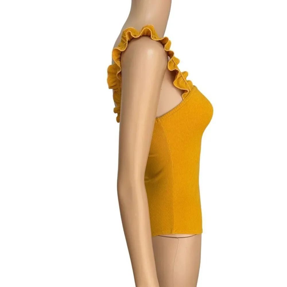 Le Lis Collection Mustard Yellow Ribbed Ruffle Strap Bodysuit Size Small - Picture 2 of 7